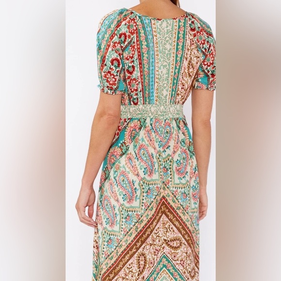 Lovestitch Boho Dreams Maxi Dress, V-Neck, Puff Sleeves, 100% Rayon; size S - Picture 9 of 10